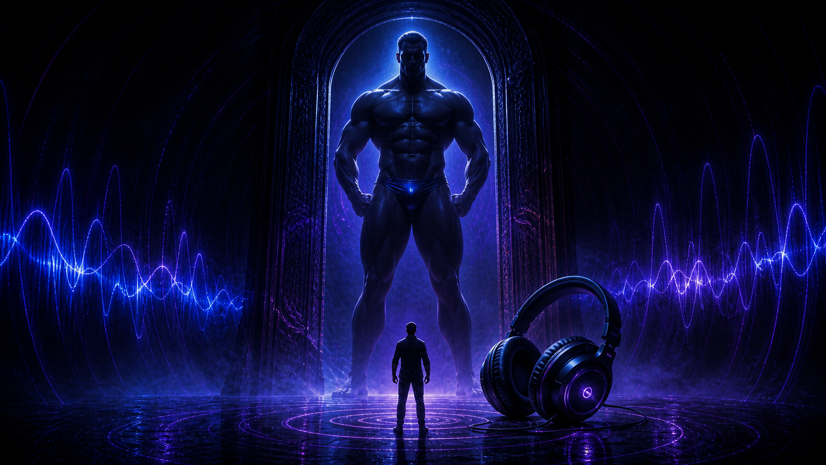 A towering bodybuilder, a tiny man, headphones and neon sound waves